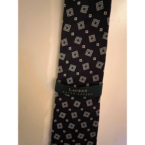 Vintage Lauren Ralph Lauren Black Geometric Pattern Print Silk Necktie - Picture 2 of 4